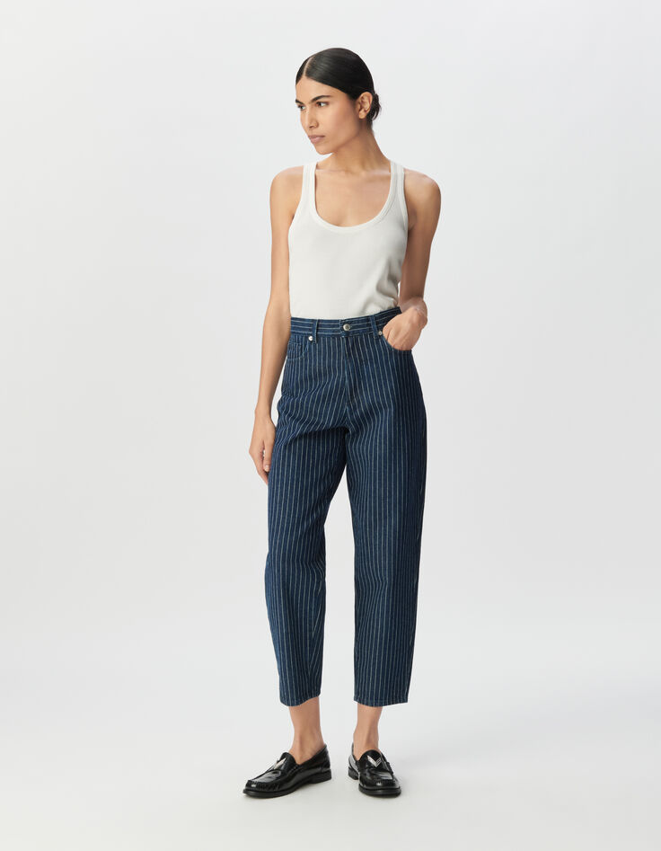 Gerade geschnittene weiße Cropped-Damenjeans Streifenmotiv-2 Gerade geschnittene weiße Cropped-Damenjeans Streifenmotiv-2