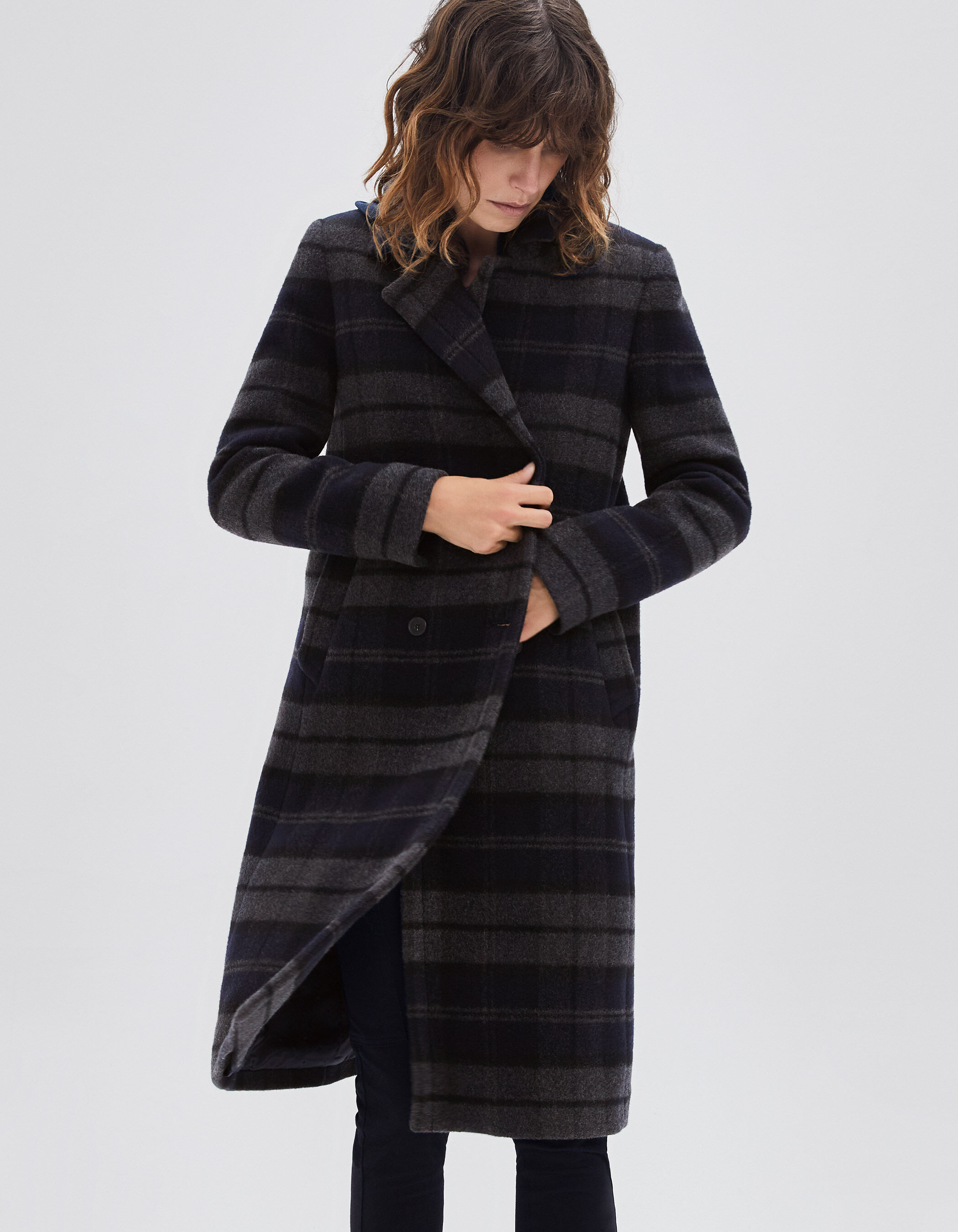 Manteau long gris a motif carreaux Femme IKKS