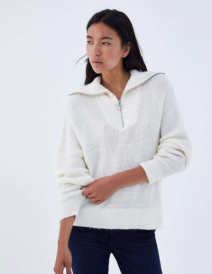 Women’s off-white fluffy wool zip-neck sweater - IKKS