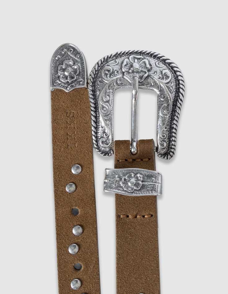 Mujer de cuero de terciopelo camello tachonado cintur&oacute;n de hebilla occidental-4