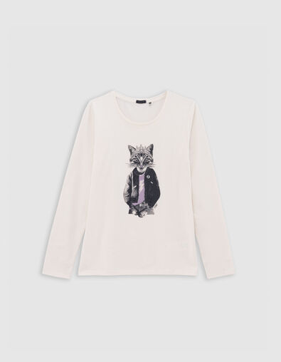 Girl's ecru organic cotton t-shirt with cat print - IKKS