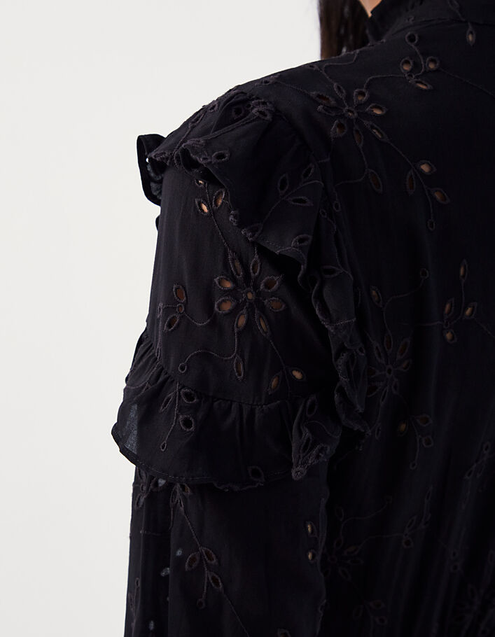 Schwarzes, tailliertes Viskosekleid mit Stickerei-4