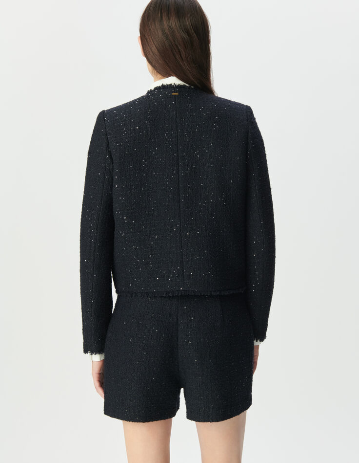 Chaqueta corta azul marino tweed lentejuelas mujer-3