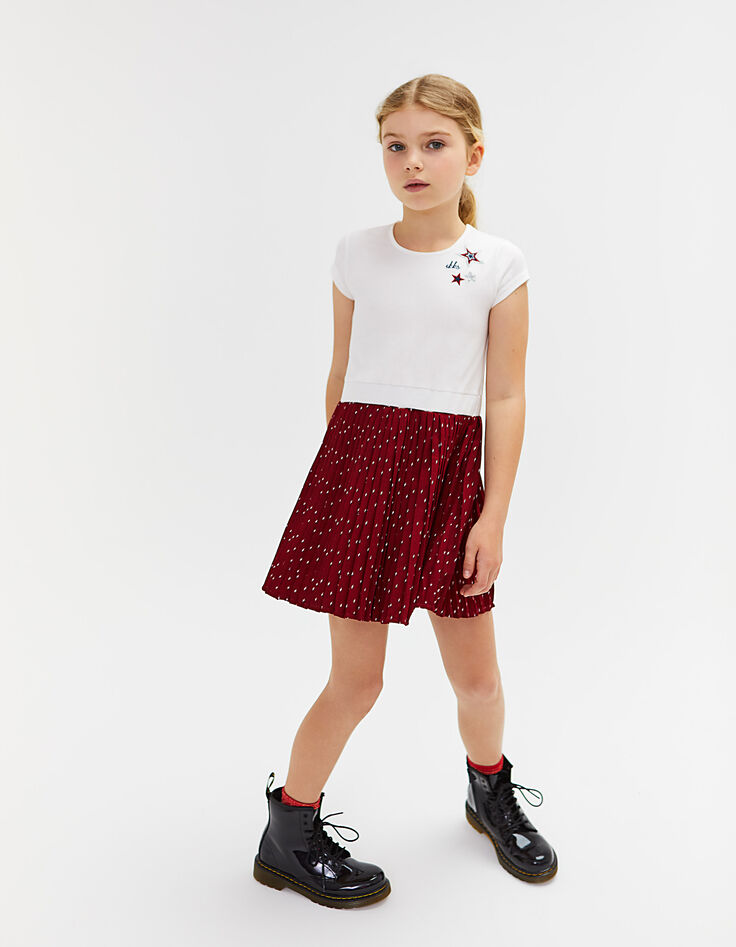 Witte jurk in twee materialen met rode plooiprint meisjes -1 Witte jurk in twee materialen met rode plooiprint meisjes -1