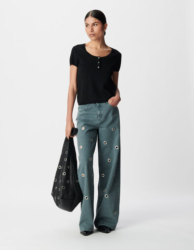 Mujer jersey fino negro de lentejuelas con botones - IKKS