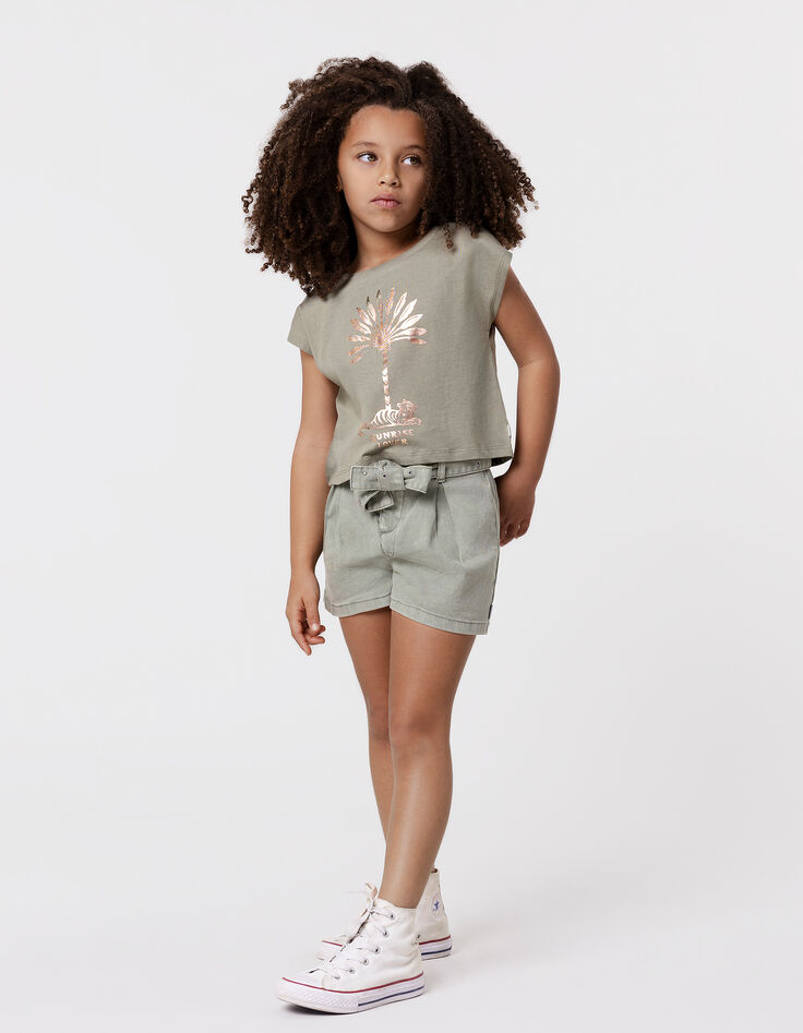 Khaki Mädchen-T-Shirt, Biobaumwolle, Palmen-Tiger, kupfer-1