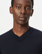 Pull en laine marine tricot fin col V Homme-5