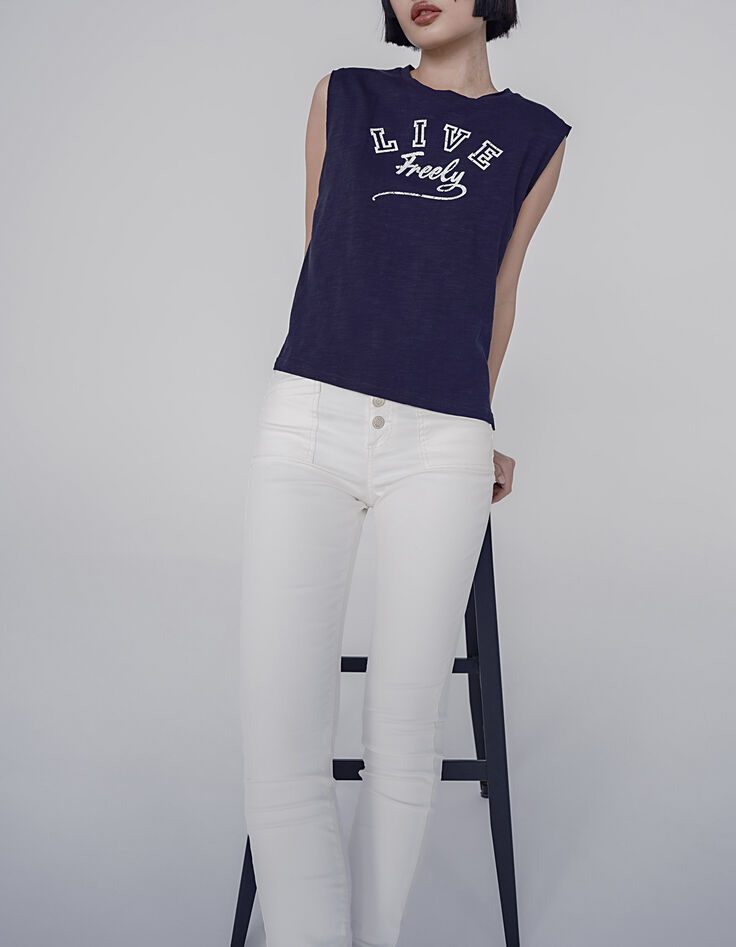 Tee-shirt en coton bleu marine visuel message surf femme-6 Tee-shirt en coton bleu marine visuel message surf femme-6