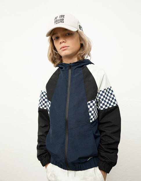 Boys’ navy, black, ecru checkerboard jacket