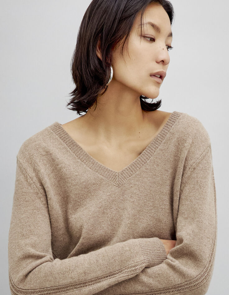 Pull caramel en maille fine avec épaulettes femme-2