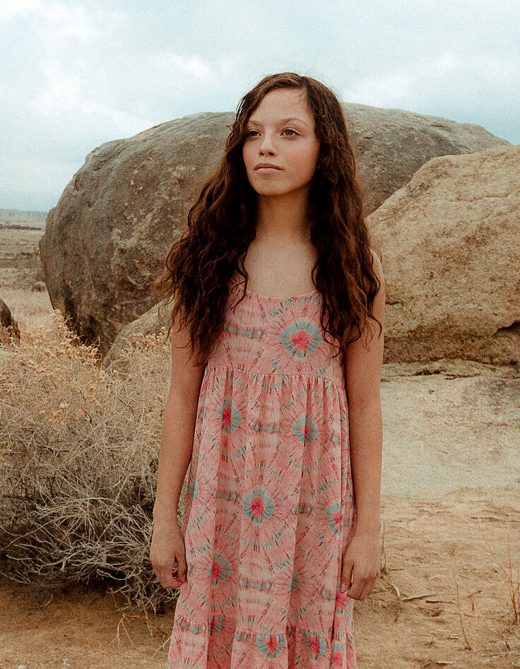 Girls’ coral tie and dye print long dress -1
