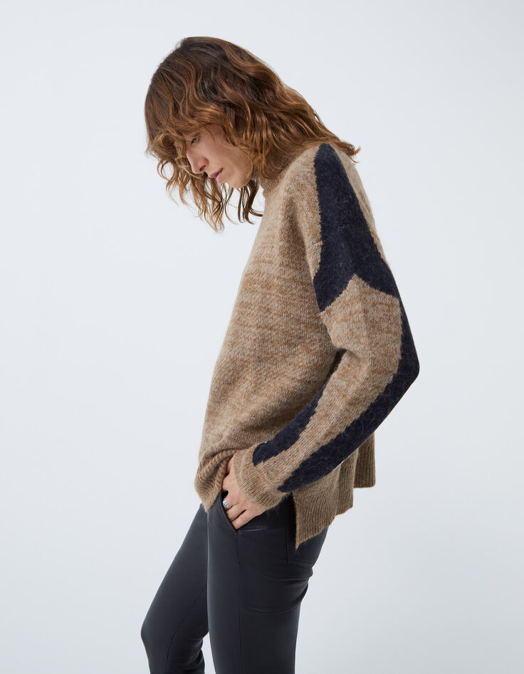 Pull coloris sésame intarsia manches femme-5