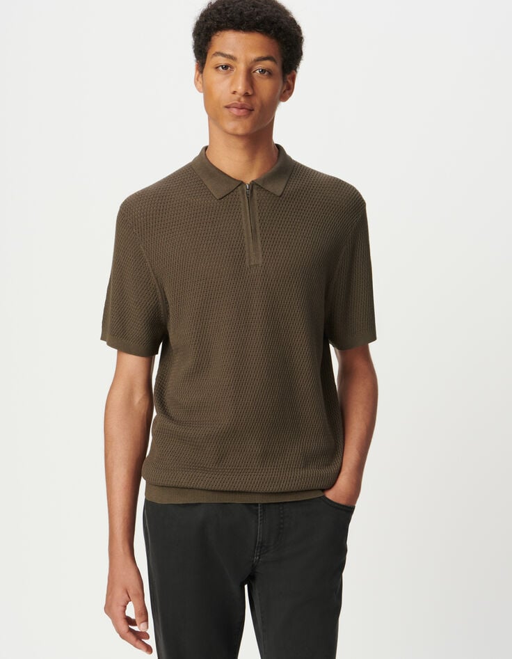 Polo manga corta caqui punto calado hombre-4 Polo manga corta caqui punto calado hombre-4
