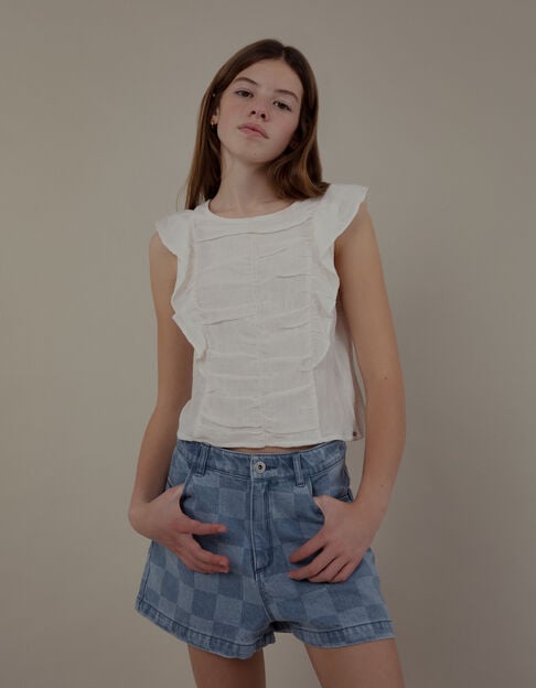Ecru Mädchenbluse mit Drapierung und Rüschen - IKKS
