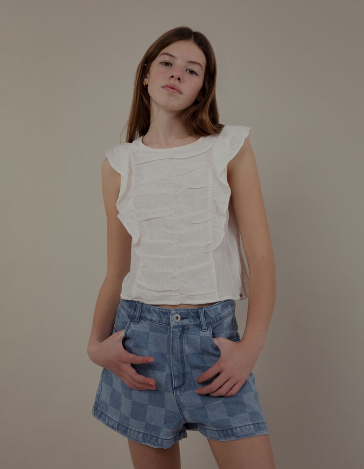 Blouse écrue effet drapé à volants fille-1