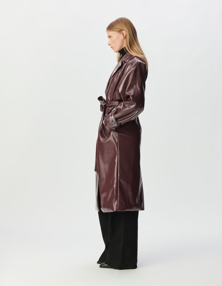 Bordeauxroter Damen-Trenchcoat lang Vinyloptik-3
