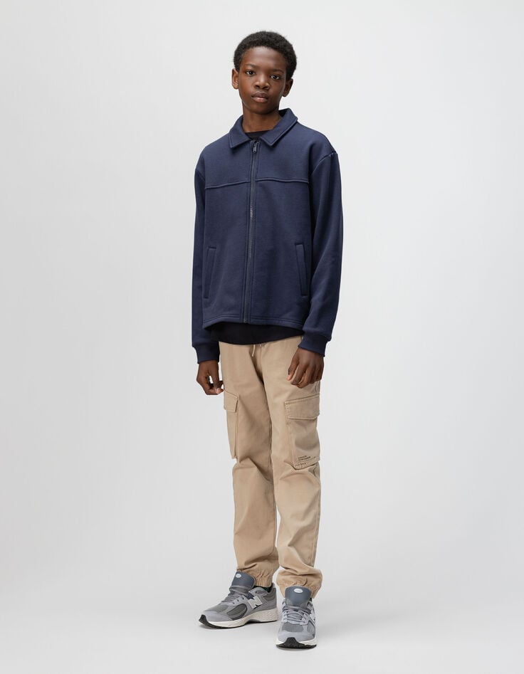 Boys’ navy zipped cardigan with shirt collar-1