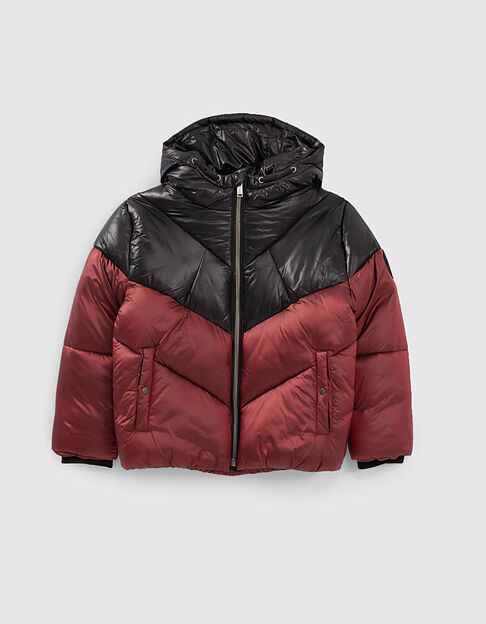 Pufferjas in middenrood, grijs, zwart color block 