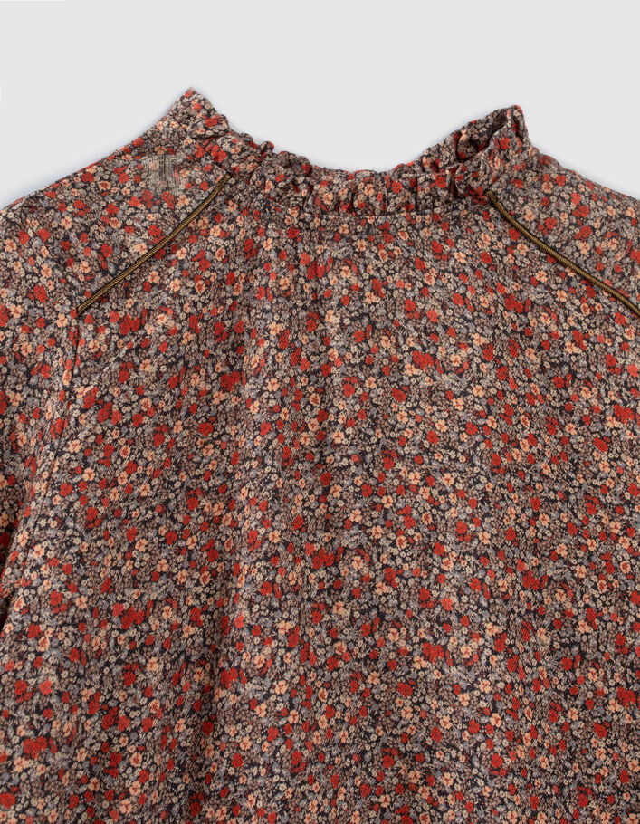 Marineblaue Mädchenbluse mit dezentem Blumenprint-3