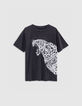Tee-shirt gris coton bio visuel l&eacute;opard  et message Femme-5