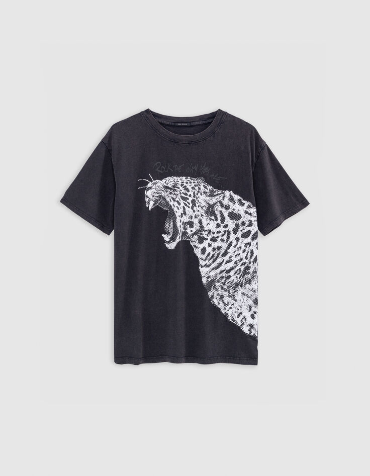 Tee-shirt gris coton bio visuel l&eacute;opard  et message Femme-5