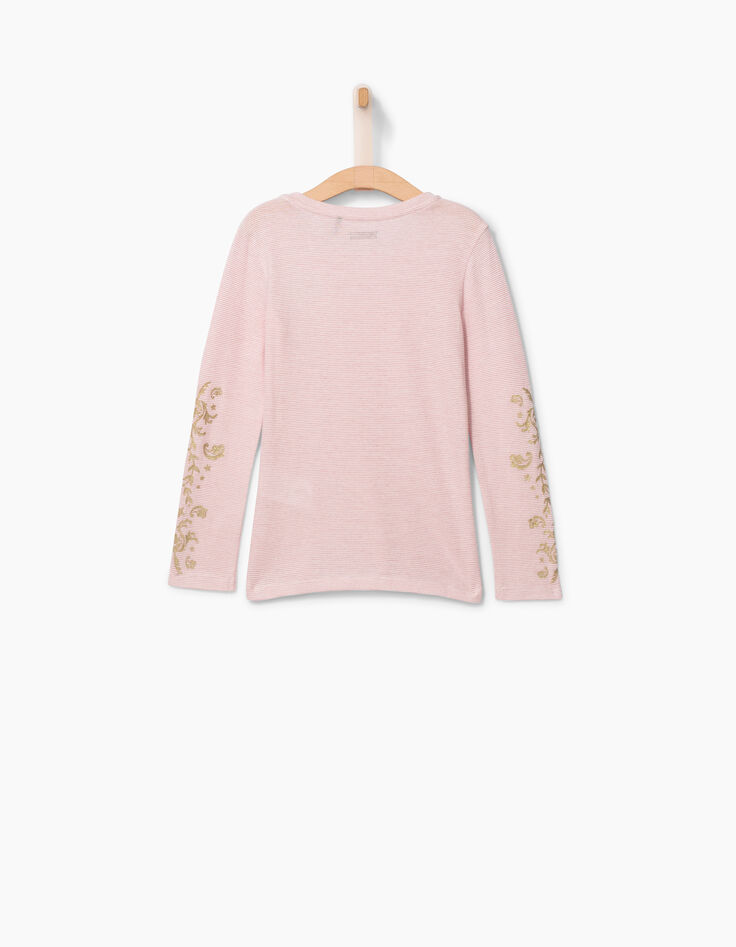 Tee-shirt rose à rayures pailletées et patch fille-3