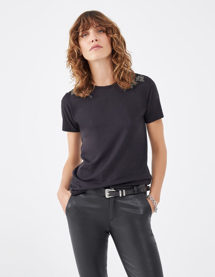 Tee-shirt en coton noir broderie étoiles épaules femme-2