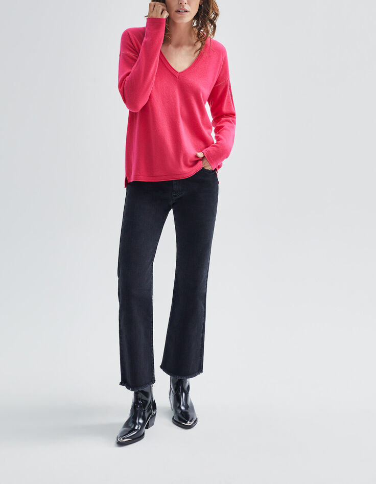 Women’s neon pink pure cashmere knit V-neck sweater-7