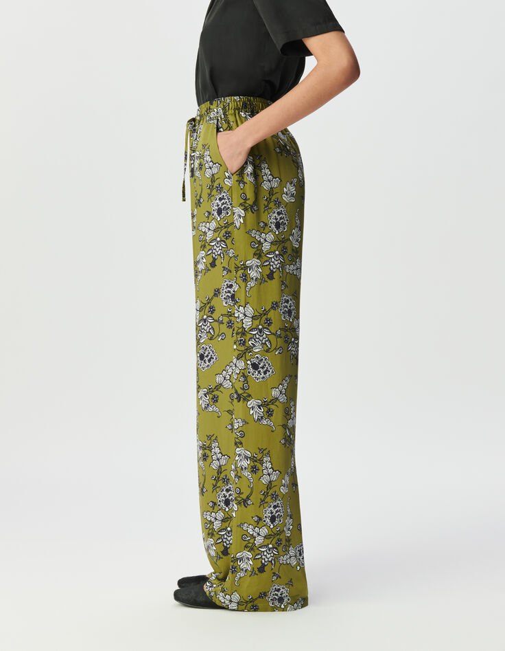 Groene vloeiende wideleg broek bloemenprint Dames-3 Groene vloeiende wideleg broek bloemenprint Dames-3