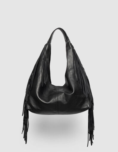 Schwarze Damenhobo-Tasche weiches Leder mit Fransen - IKKS