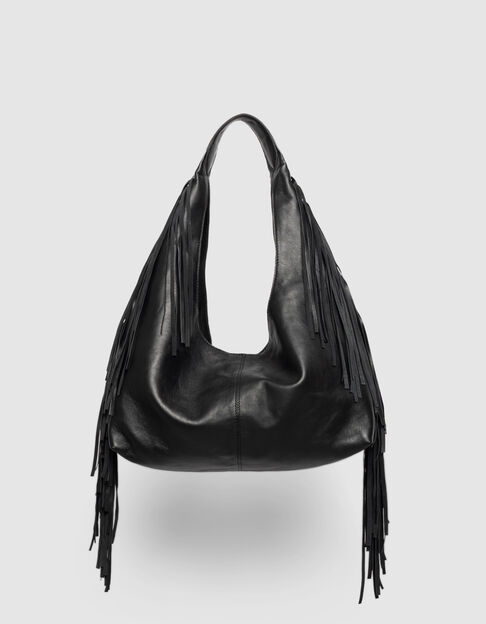 Schwarze Damenhobo-Tasche weiches Leder mit Fransen - IKKS