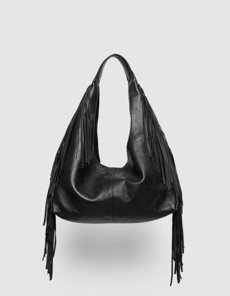 Schwarze Damenhobo-Tasche weiches Leder mit Fransen-1