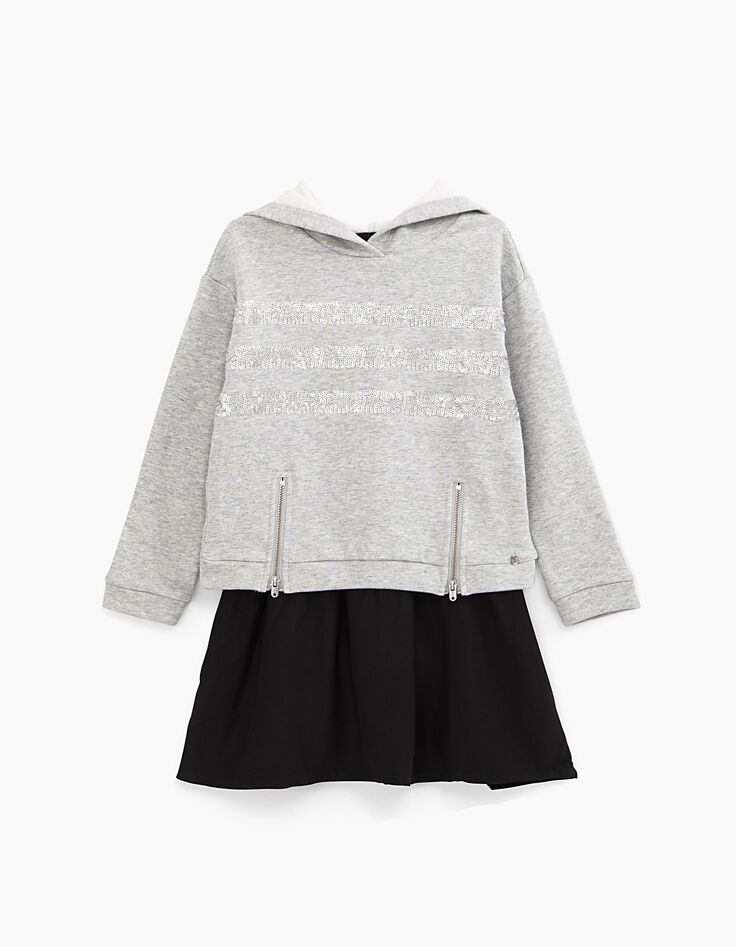 Robe gris chiné moyen avec sweat à rayures sequins fille-2 Robe gris chiné moyen avec sweat à rayures sequins fille-2