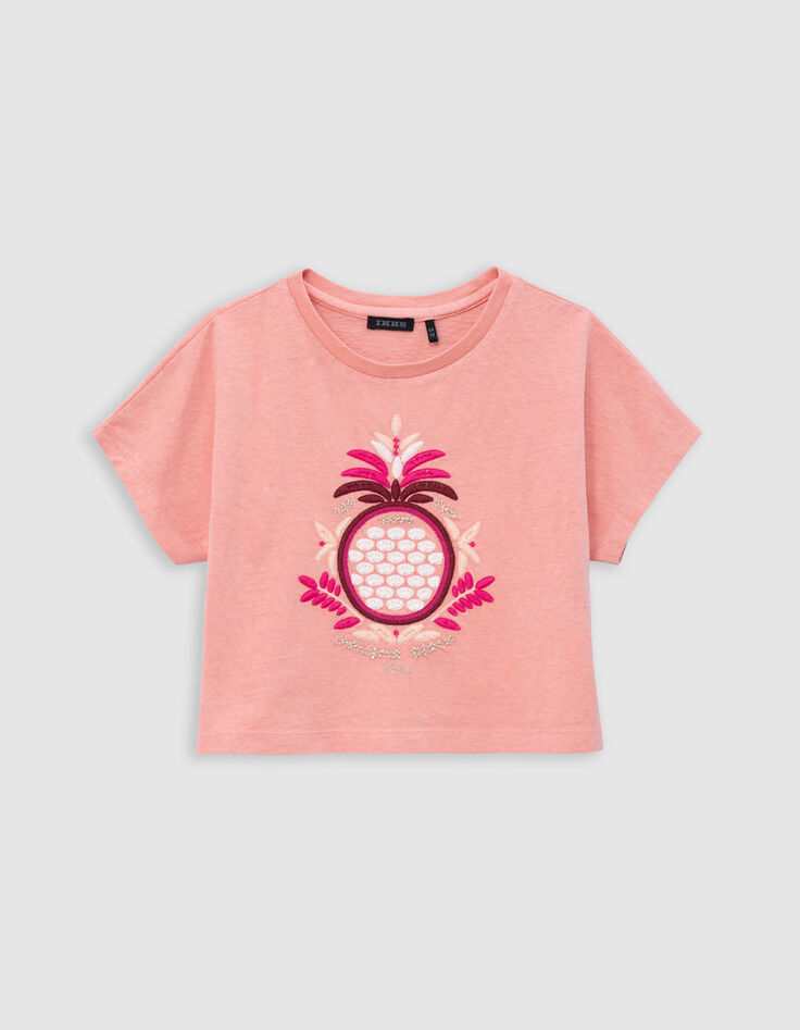 Korallenrotes Mädchen-T-Shirt mit Maxi-Ananasstickerei-2