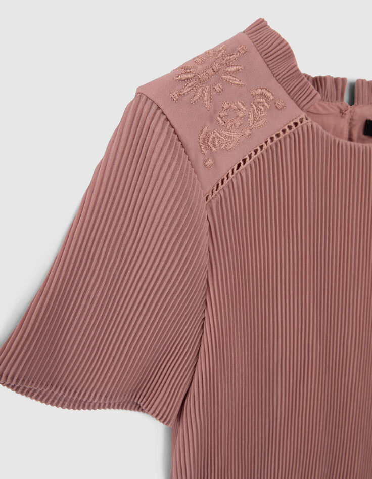 Girls’ pink pleated dress with embroidered shoulders-6