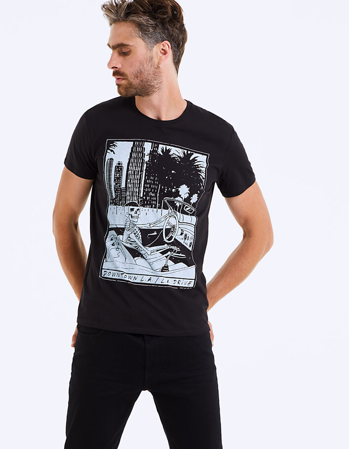 Tee-shirt noir avec chauffeur-squelette blanc Homme - IKKS