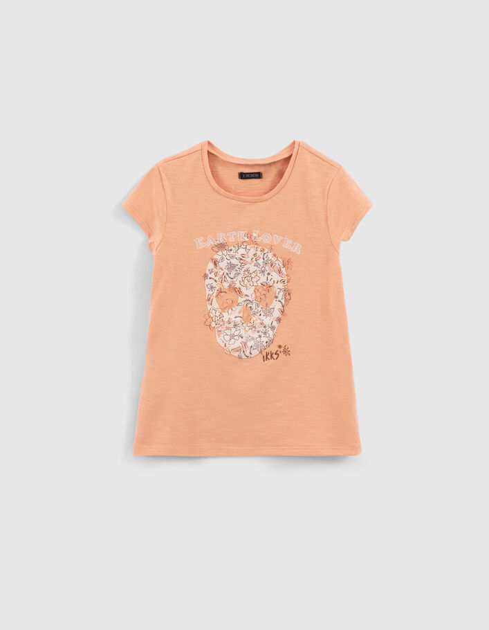 Oranjeroze T-shirt biokatoen gebloemd doodshoofd meisjes - IKKS