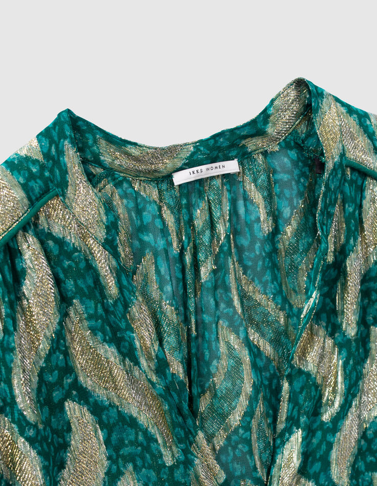 Smaragdgroene top goudkleurige bladprint Dames-7