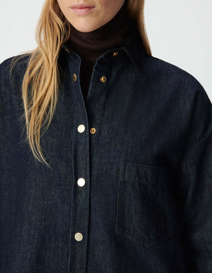 Robe chemise en jean bleu col et poignets velours Femme-5 Robe chemise en jean bleu col et poignets velours Femme-5