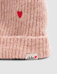 Bonnet rose tricot fourr&eacute; broderies coeurs b&eacute;b&eacute; fille-4