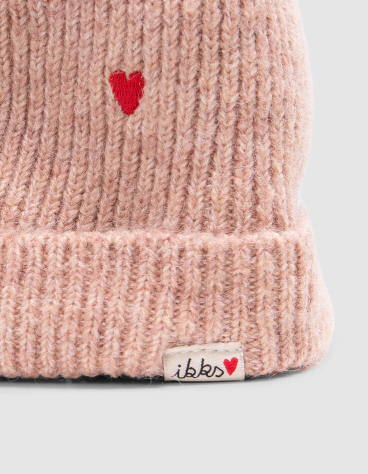 Bonnet rose tricot fourr&eacute; broderies coeurs b&eacute;b&eacute; fille-4
