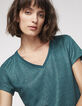 Camiseta cuello de pico azul de lino foil mujer-1