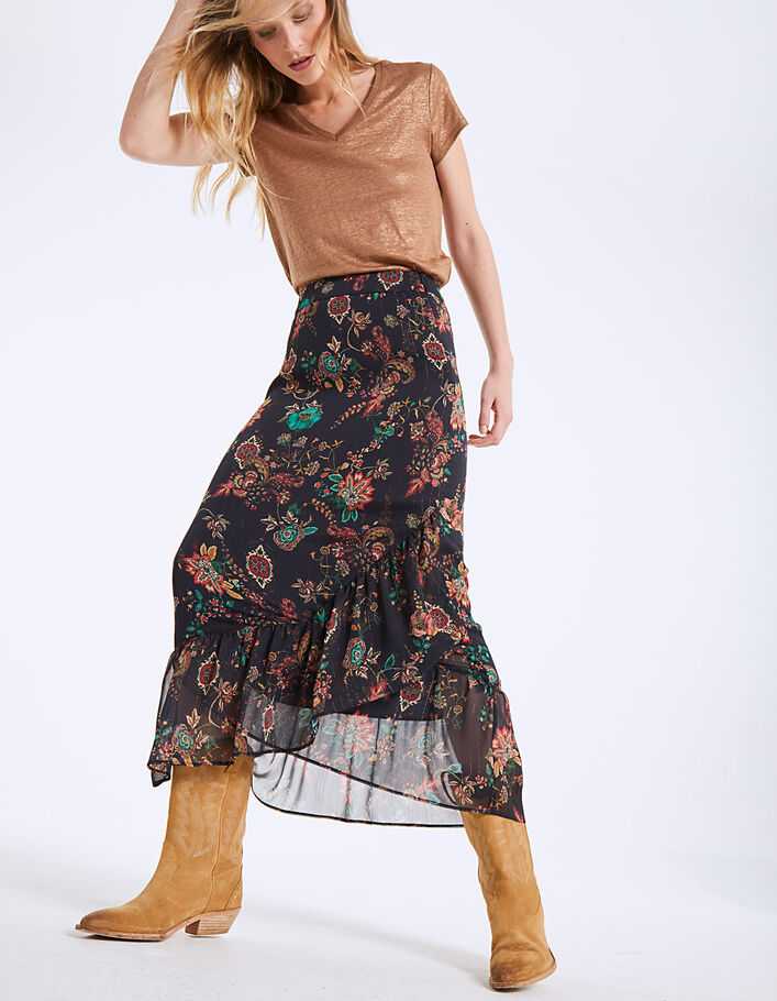 Floral print voile long ruffled skirt