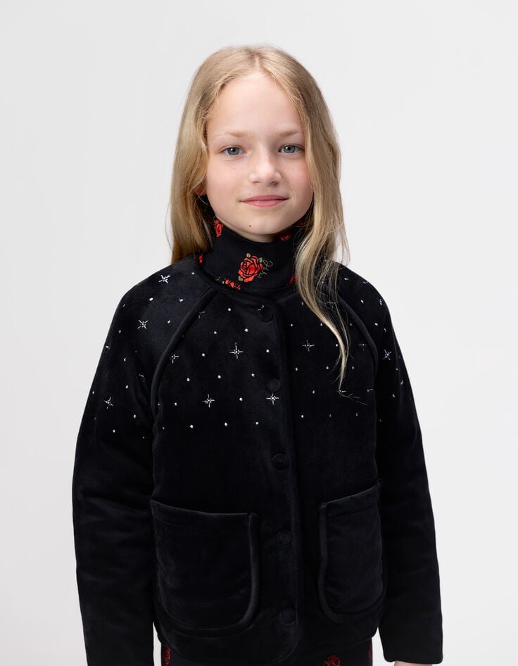 Cardigan noir velours matelassé brodé fille-2 Cardigan noir velours matelassé brodé fille-2