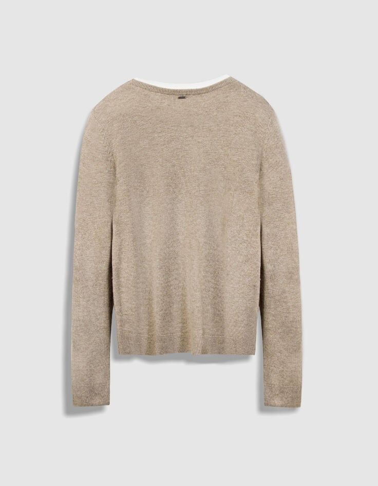 Mujer jersey de punto de lana beige con cuello trampantojo-7