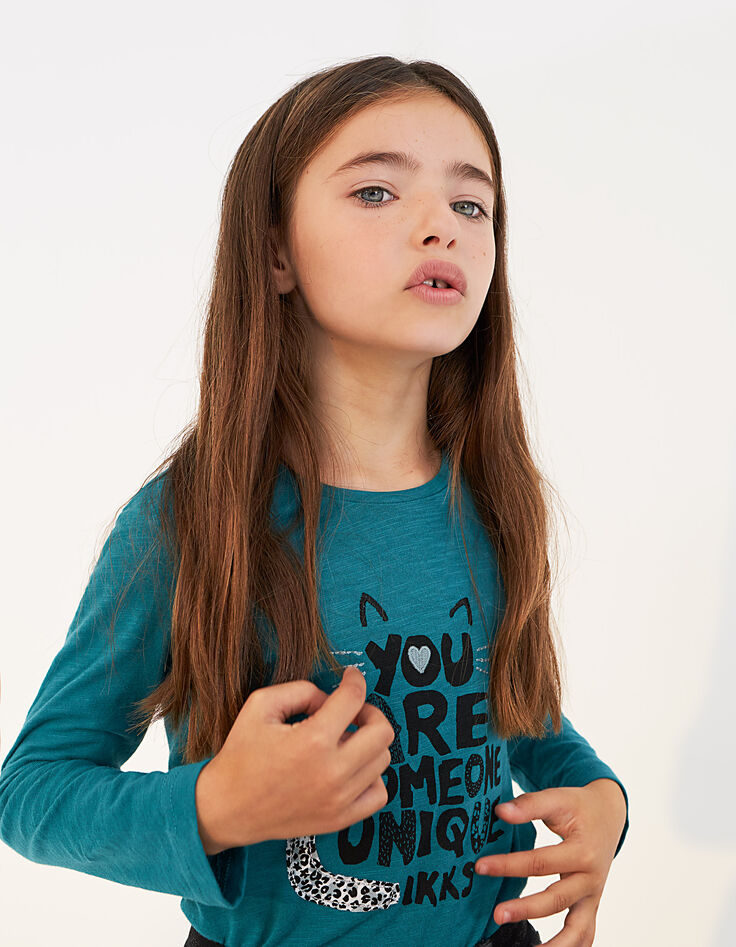 Tee-shirt bleu canard You are someone unique IKKS fille-1