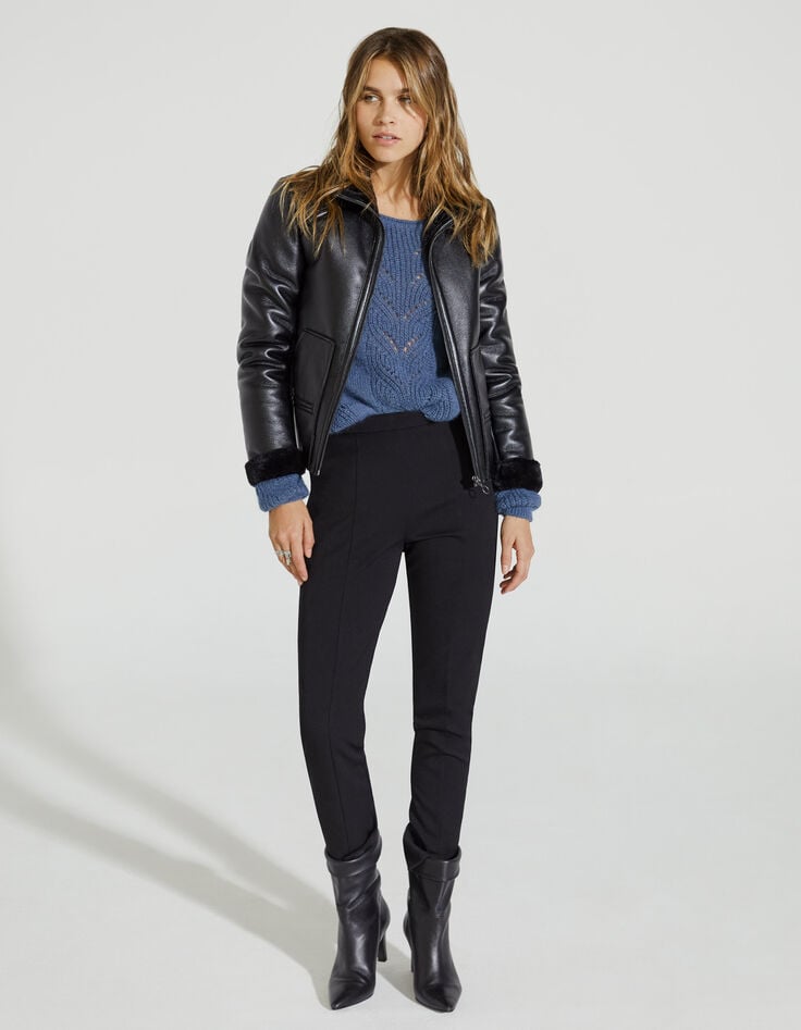 Pull en maille ajourée bleu ardoise col roulotté femme-6