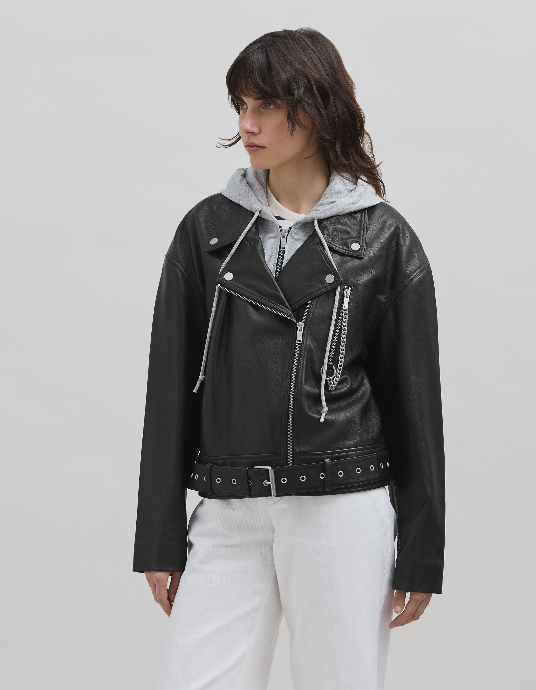 Veste cuir noir esprit motard chevrons clous Femme IKKS