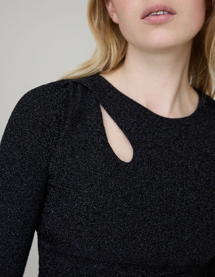 Pure Edition-Robe noire maille lurex col asymétrique Femme-5 Pure Edition-Robe noire maille lurex col asymétrique Femme-5