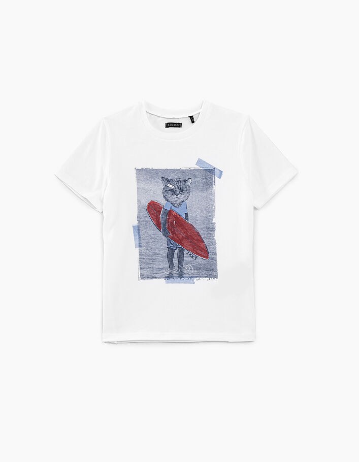 Cremeweißes Jungen-T-Shirt mit Motiv Surfer-Katze - IKKS